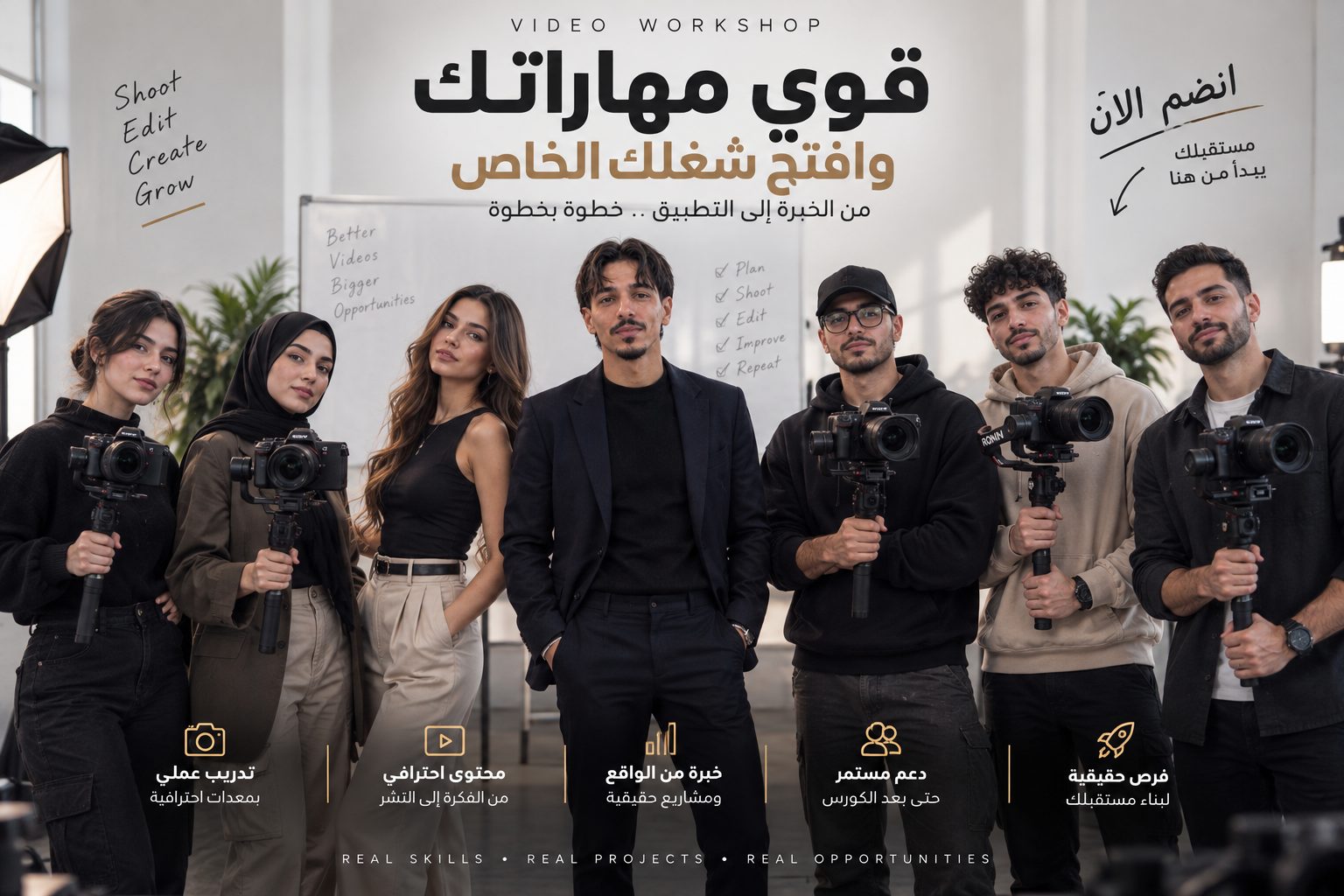 مجموعة متدرّبين مع كاميرات Sony وجيمبال في الاستوديو